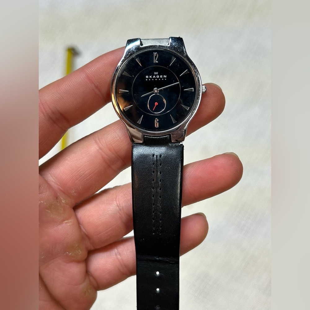 Skagen Black Dial with Black Leather Strap and Red Accent